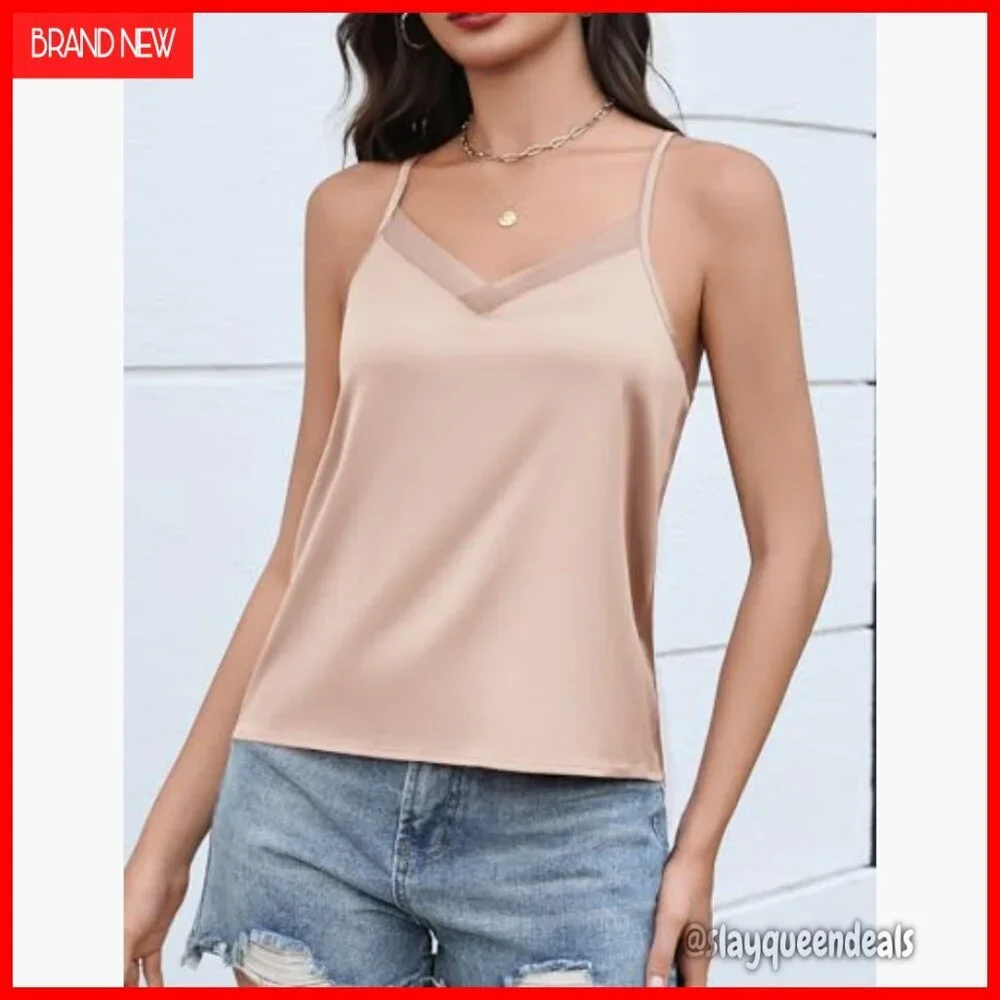 Satin V-Neck Camisole with Mesh Panel Adjustable Straps Relaxed Fit